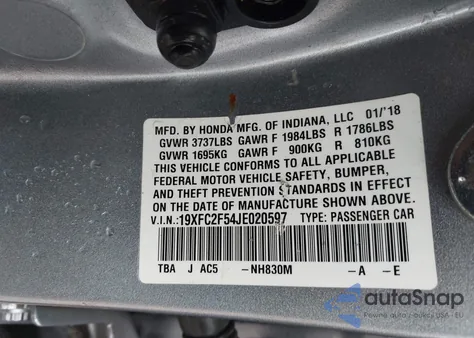 2018 Honda Civic Lx из США, поврежденный, VIN 19XFC2F54JE020597